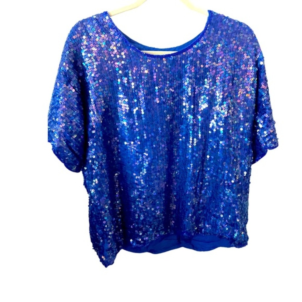 Vintage Silk Royal Feelings Cobalt Blue Sequin Short sleeved Crewneck‎ top XL